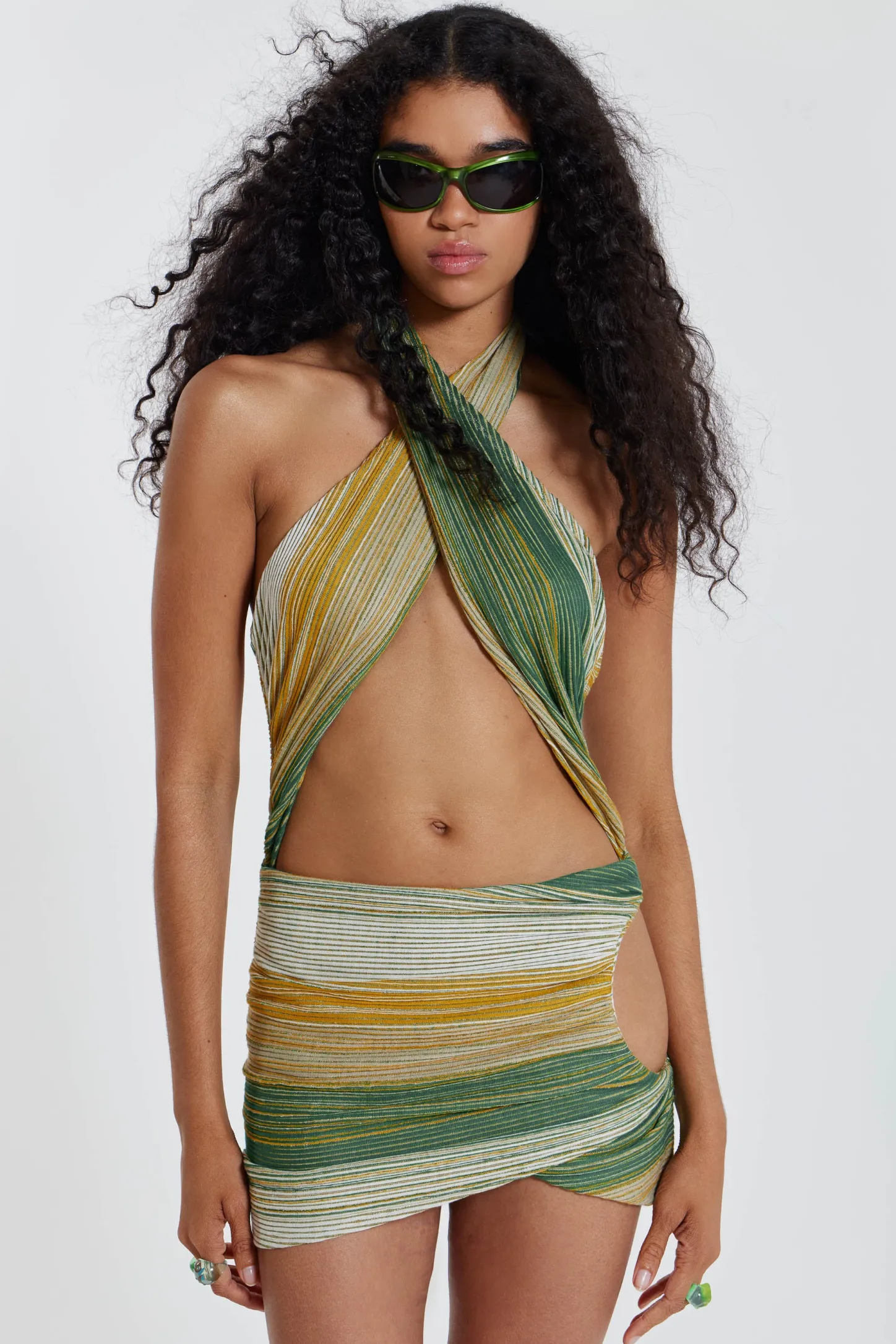 Avani Halterneck Wrap Over Mini Dress-Jaded London Shop