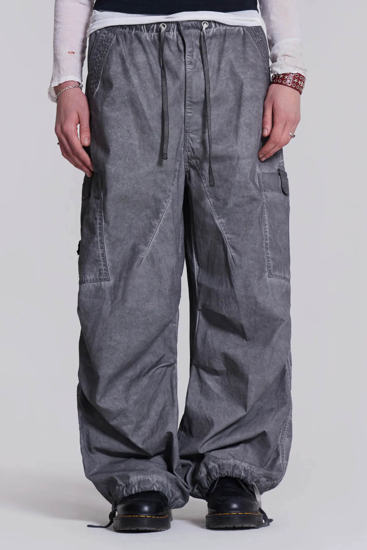 Black Oil Wash Parachute Pants-Jaded London Outlet
