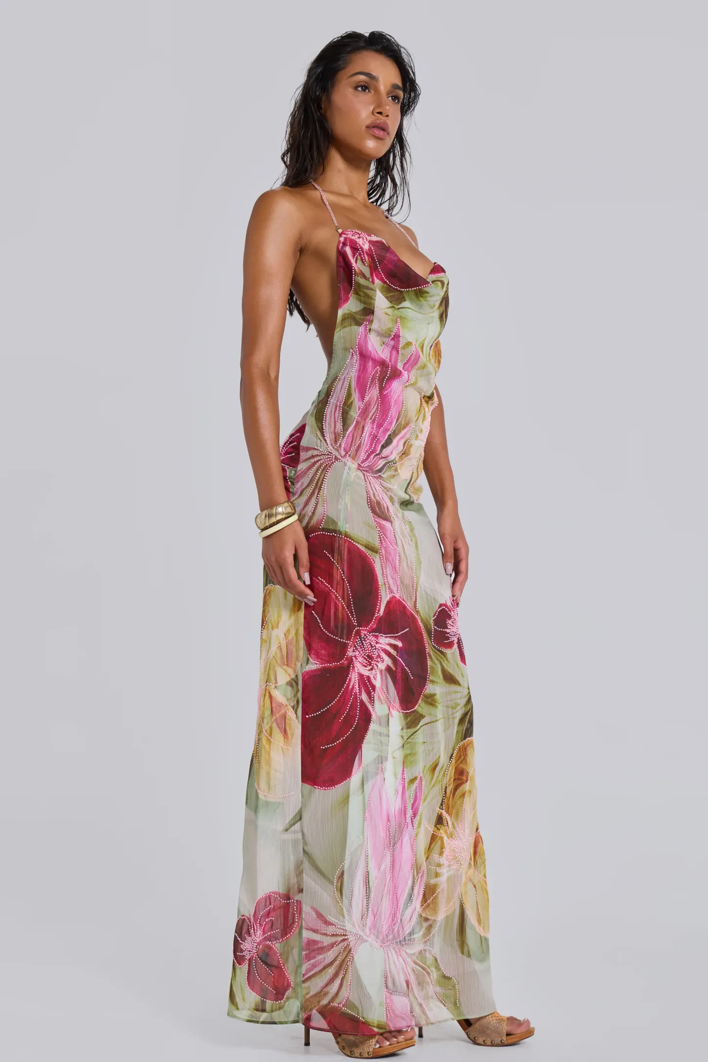Dahlia Hand-Beaded Backless Chiffon Maxi Dress-Jaded London Clearance