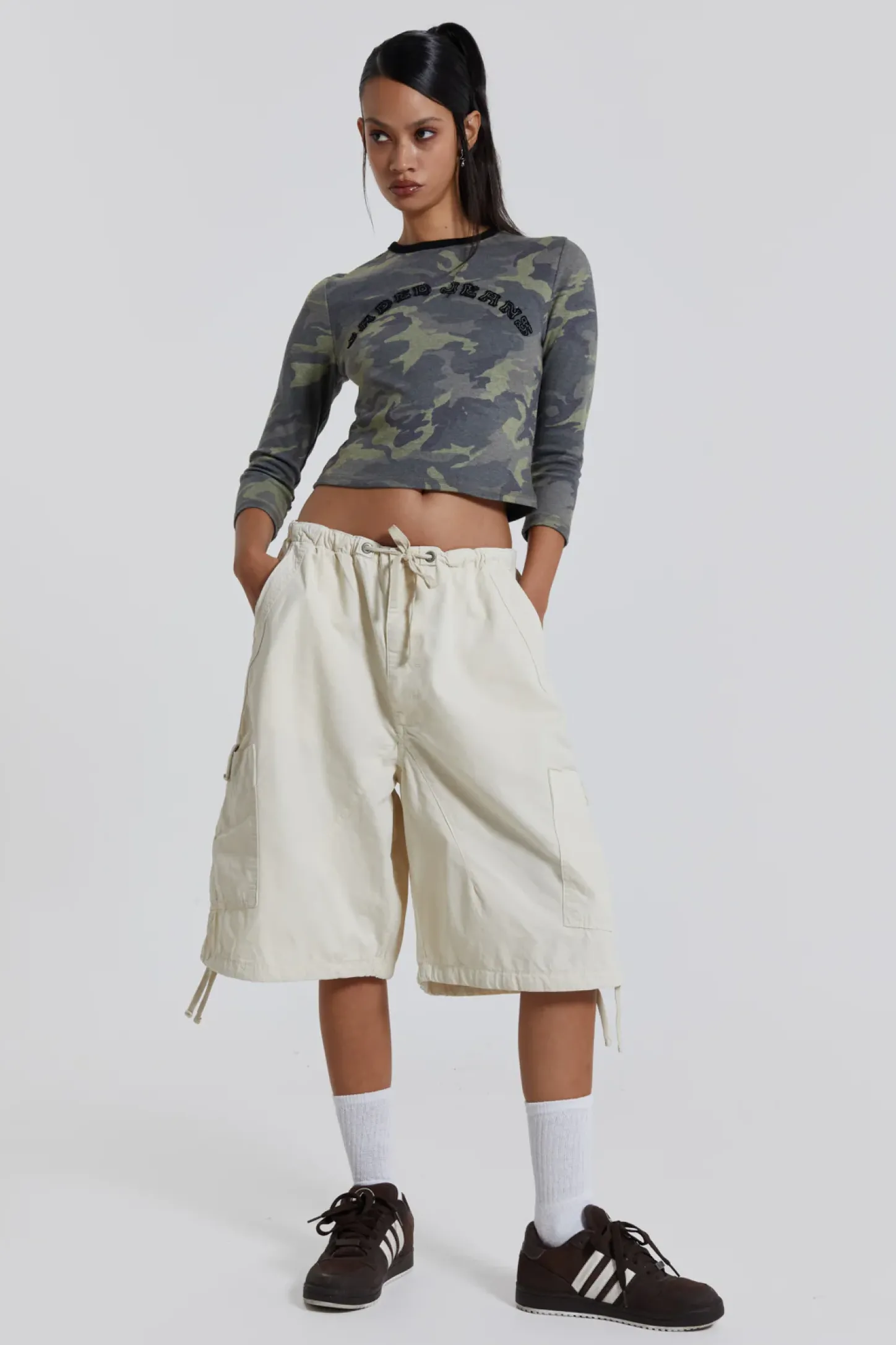 Ecru Parachute Cargo Shorts-Jaded London Fashion