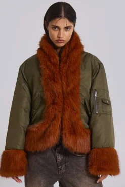 Evren Faux Fur Bomber Jacket in Khaki-Jaded London Best