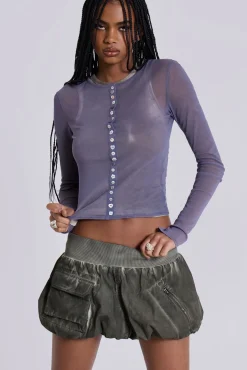 Fiala Pearl Button Mesh Top-Jaded London Clearance