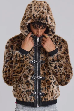 Leopard Faux Fur Hooded Mendoza Jacket-Jaded London Clearance