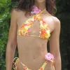 Lucia Ruffle Halter Bikini Top with Flower Detail-Jaded London Shop