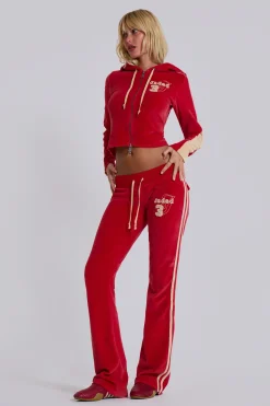 Red Three Velour Low-rise Bootcut Trousers-Jaded London New