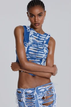 Shredded Denim High Neck Top-Jaded London Online