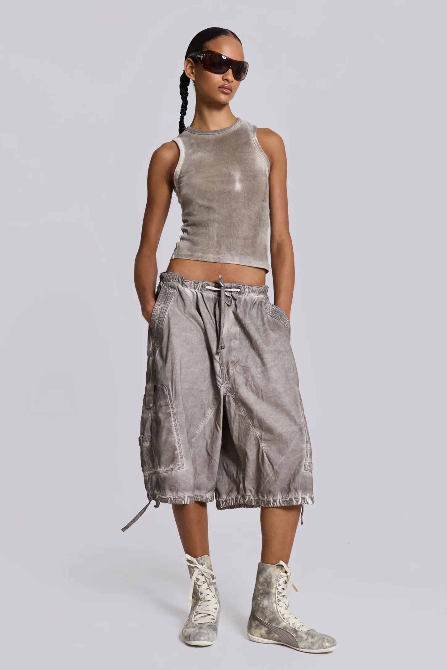 Stone Oil Wash Parachute Shorts-Jaded London Fashion