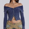Tribeca Blue Ribbed Off The Shoulder Knit-Jaded London Fashion