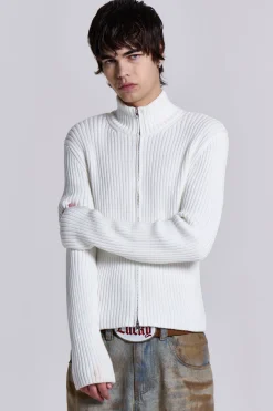 White Lucid Knit Track Top-Jaded London Cheap